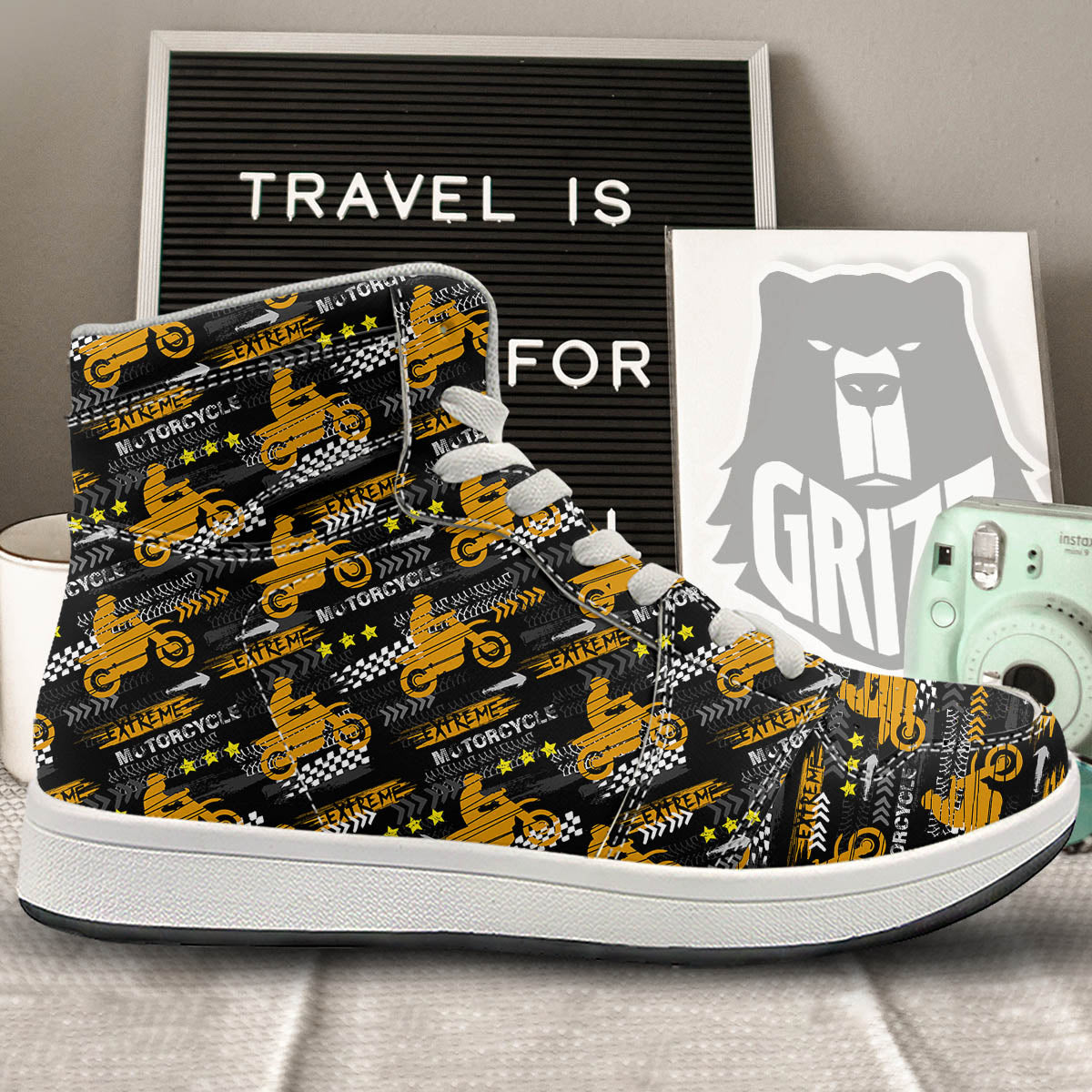 Words Motorcycle Print Pattern High Top Sneakers-grizzshop