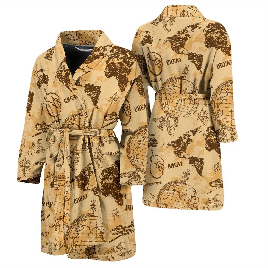 World Map Pattern Print Men Long Robe-grizzshop