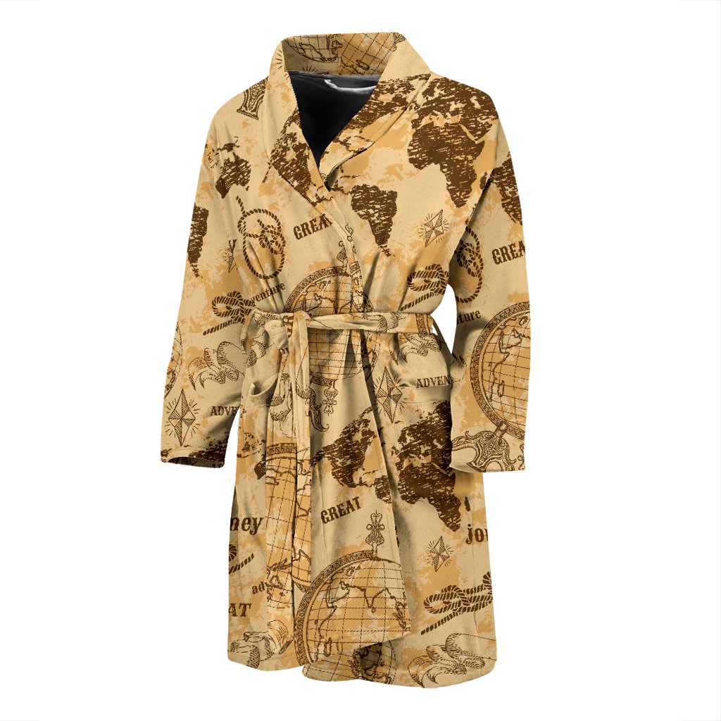 World Map Pattern Print Men Long Robe-grizzshop