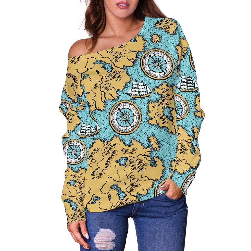 World Map Print Pattern Women Off Shoulder Sweatshirt-grizzshop