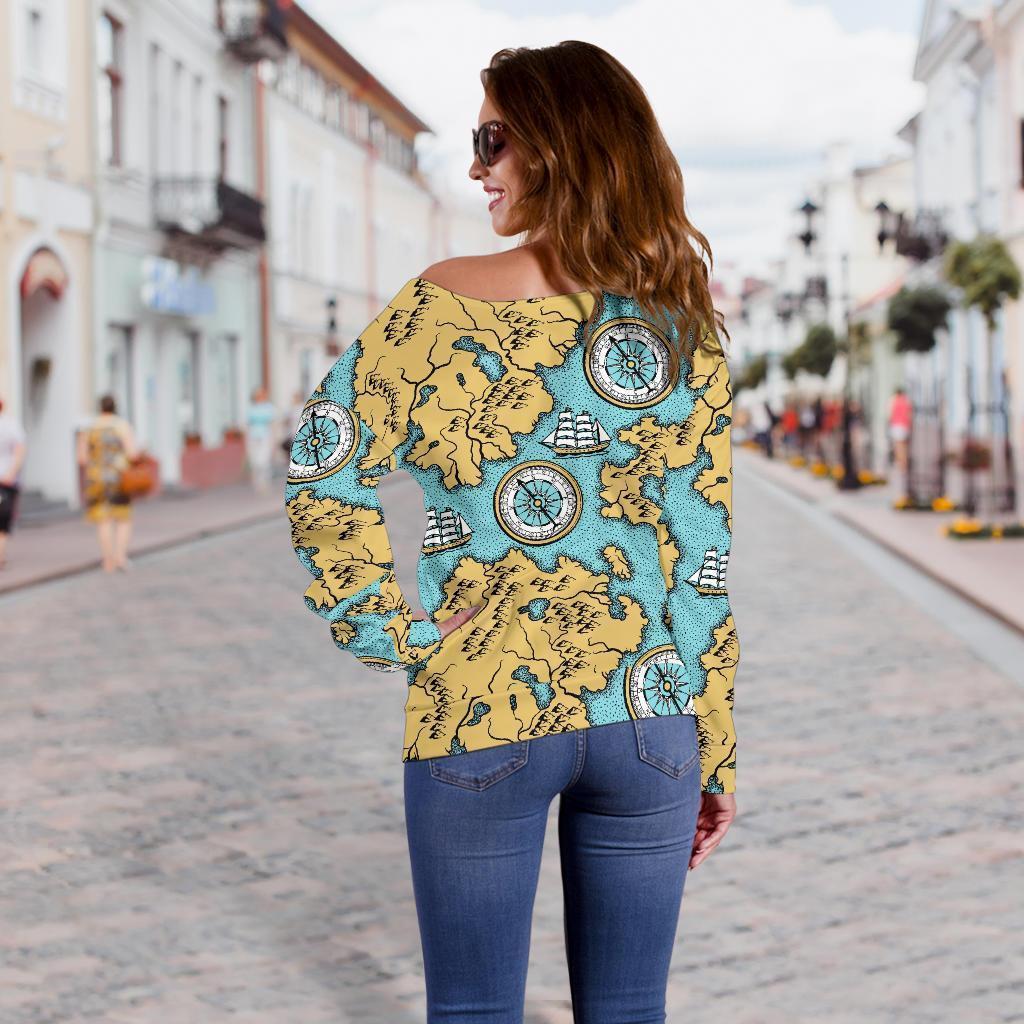 World Map Print Pattern Women Off Shoulder Sweatshirt-grizzshop