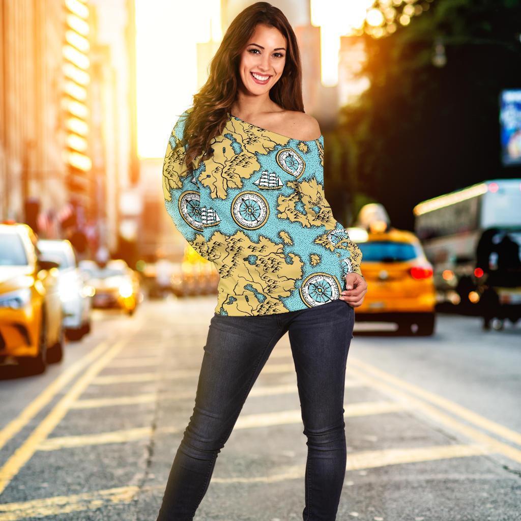 World Map Print Pattern Women Off Shoulder Sweatshirt-grizzshop