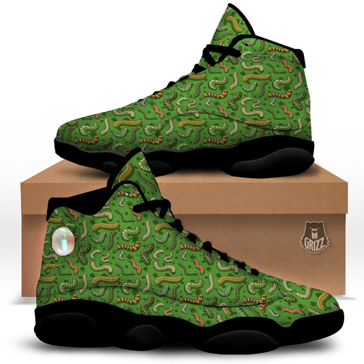 Worm Insect Green Print Pattern Black Basketball Shoes-grizzshop