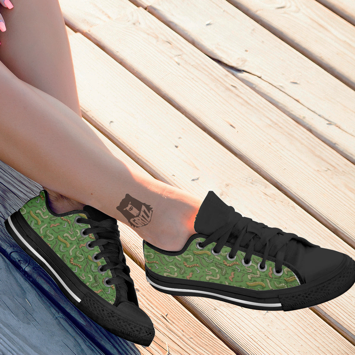 Worm Insect Green Print Pattern Black Low Top Shoes-grizzshop