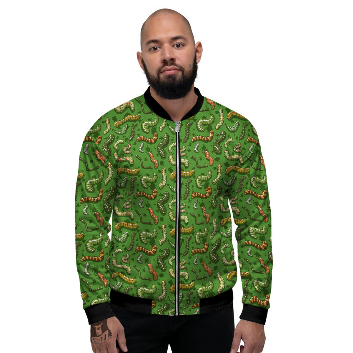 Worm Insect Green Print Pattern Men's Bomber Jacket-grizzshop