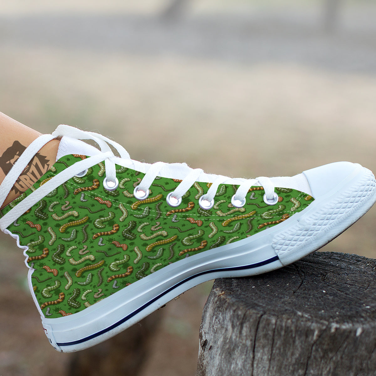 Worm Insect Green Print Pattern White High Top Shoes-grizzshop