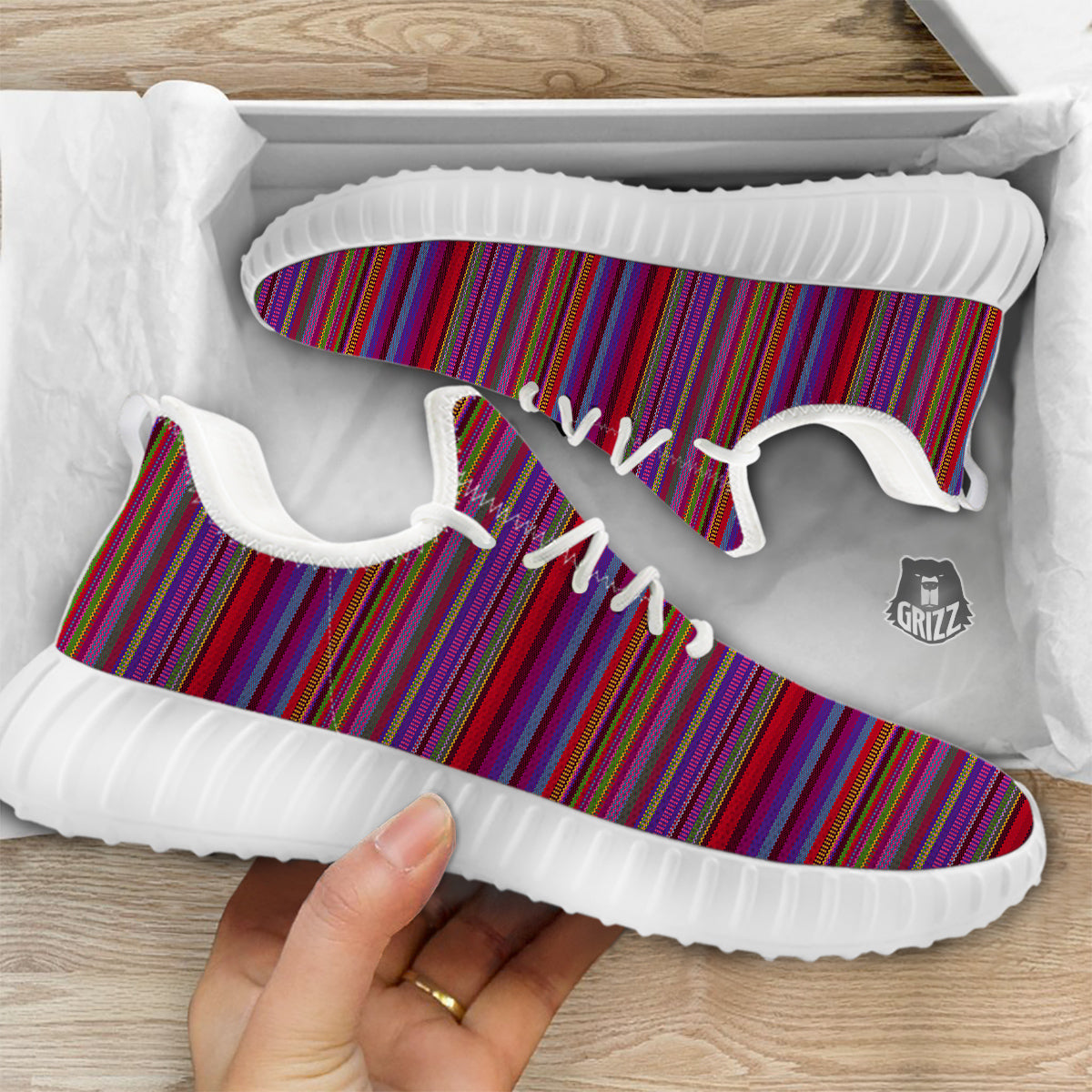 Woven Mexican Colorful Print Pattern White Walking Shoes-grizzshop