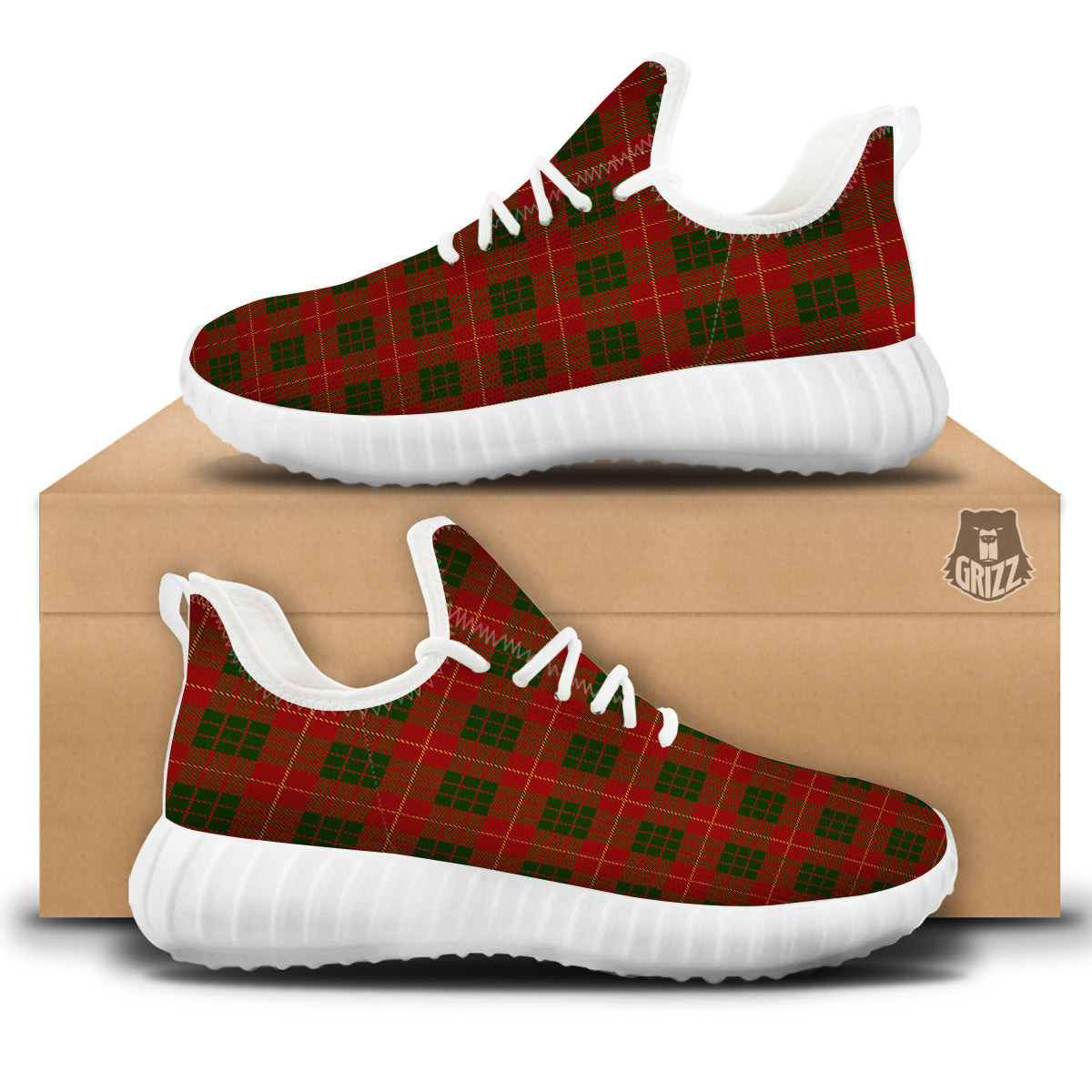 Xmas Plaid Print Pattern White Walking Shoes-grizzshop