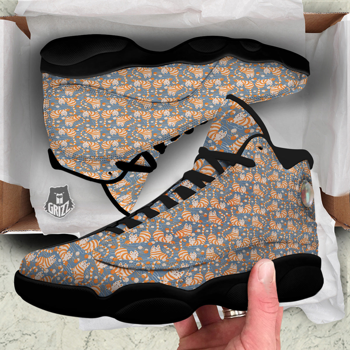 Yarn Ball And Cat Print Pattern Black Basketball Shoes-grizzshop
