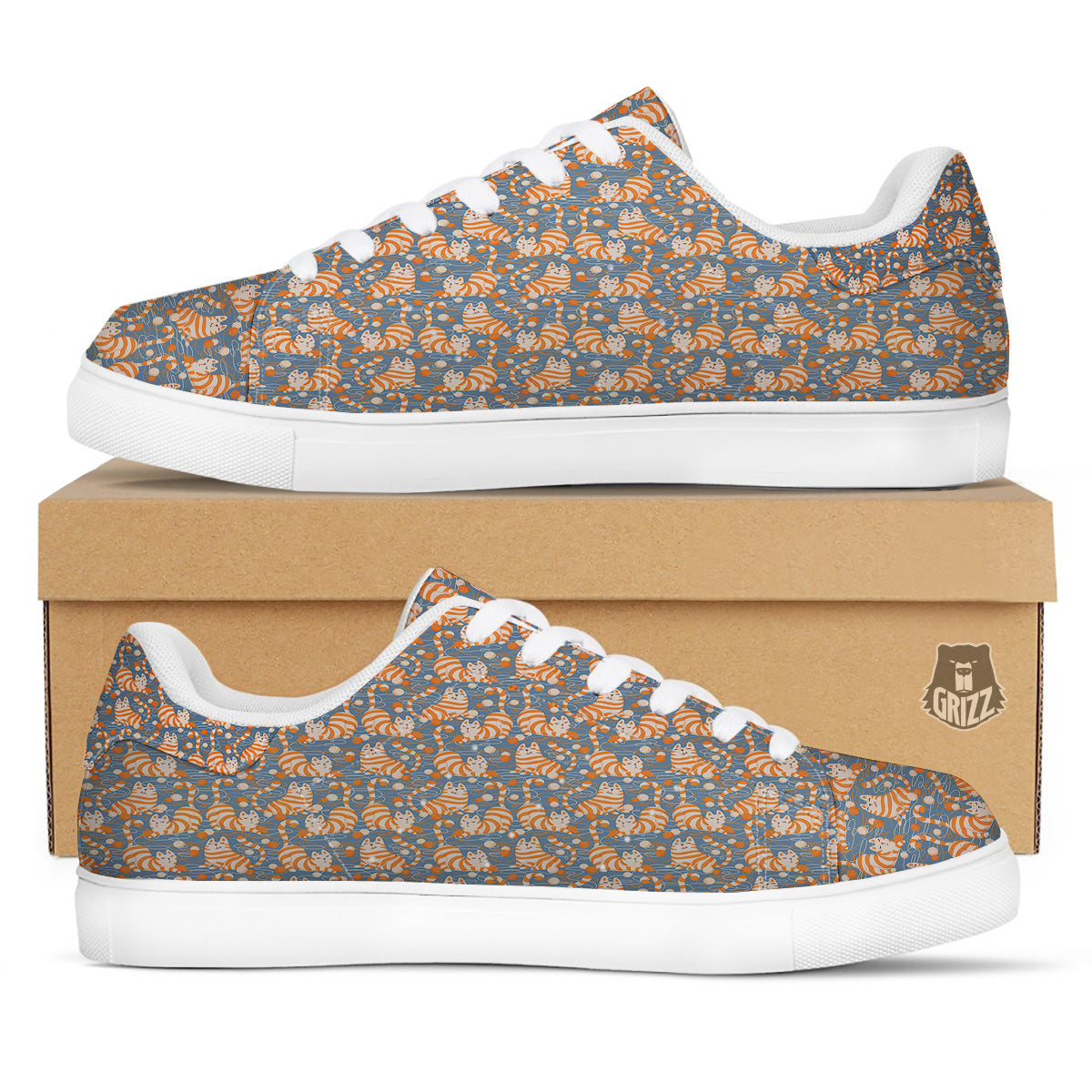 Yarn Ball And Cat Print Pattern White Low Top Sneakers-grizzshop