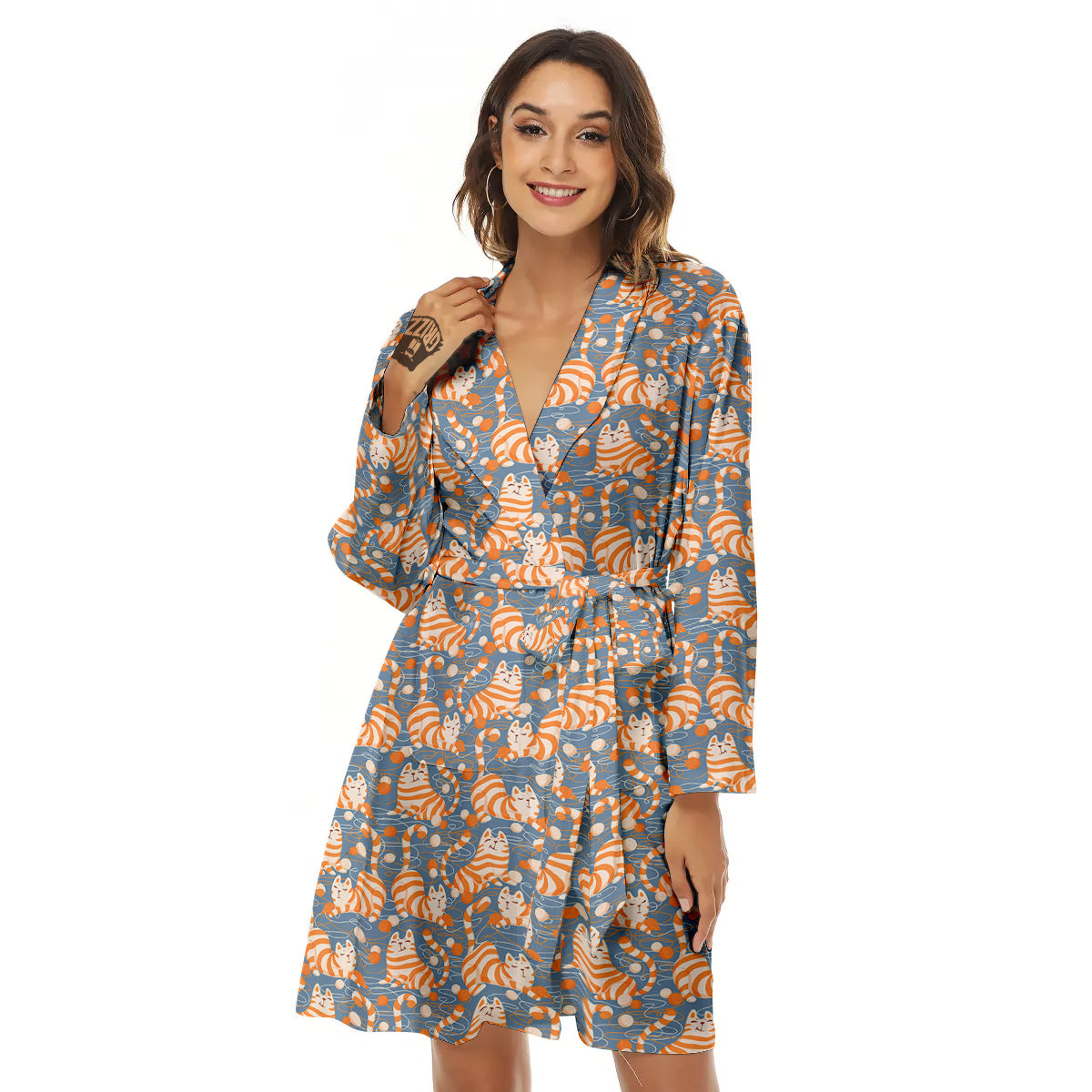Yarn Ball And Cat Print Pattern Women's Robe-grizzshop