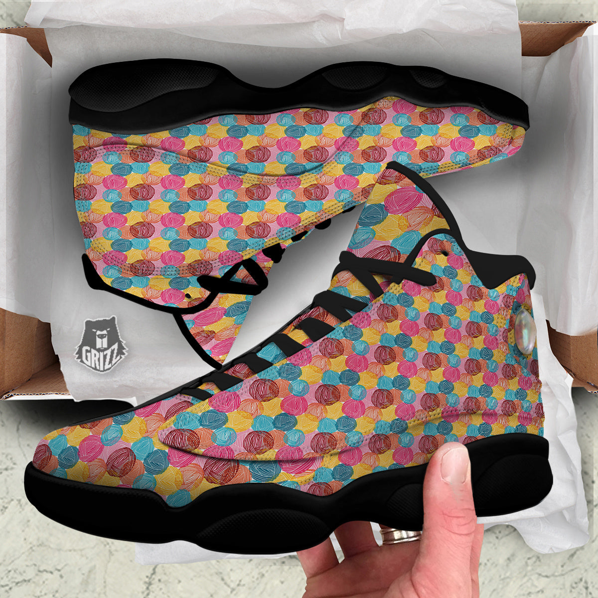 Yarn Balls Colorful Print Black Basketball Shoes-grizzshop