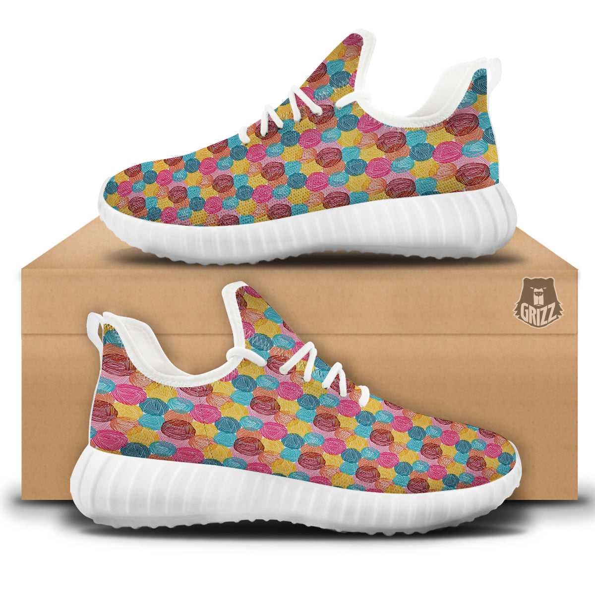 Yarn Balls Colorful Print White Walking Shoes-grizzshop