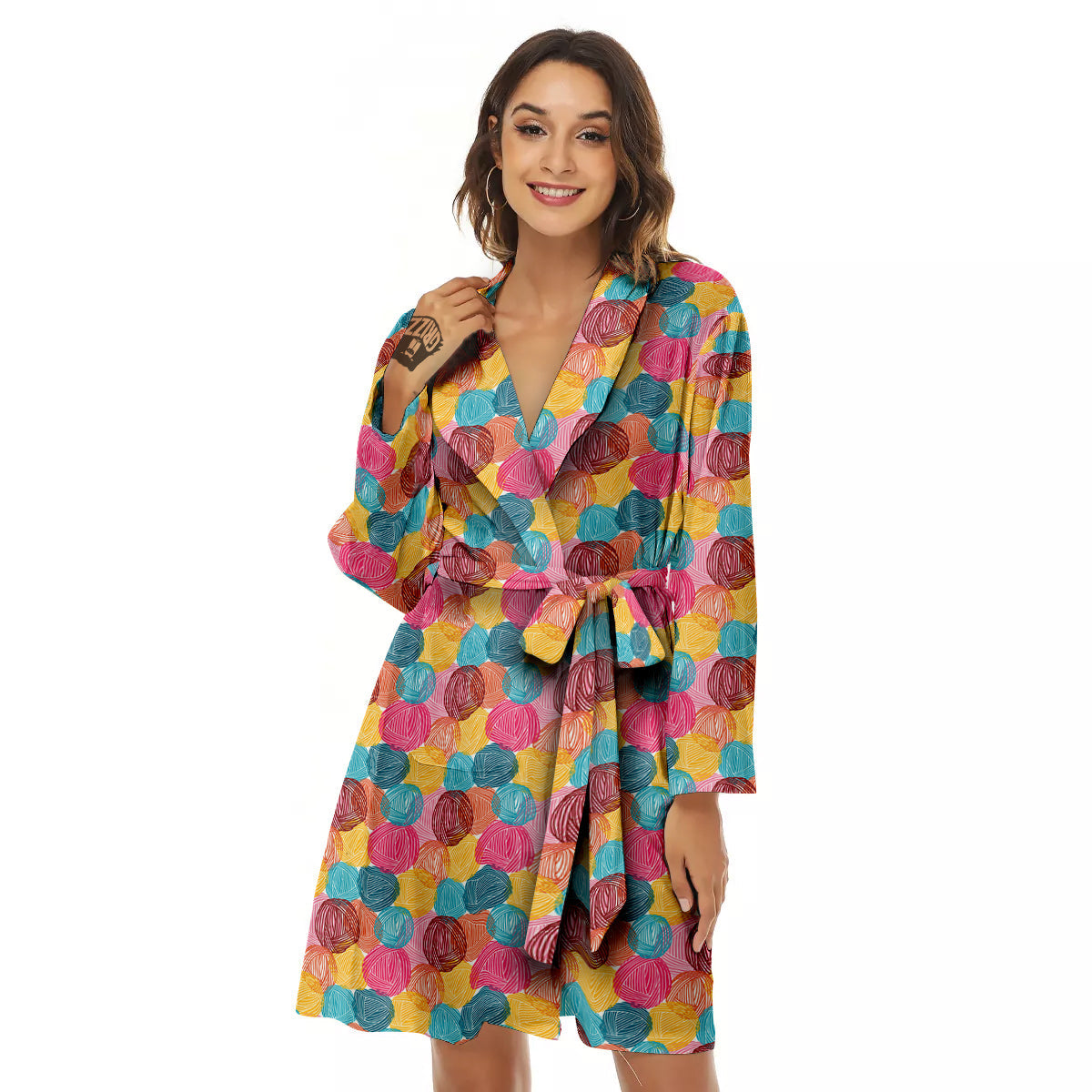 Yarn Balls Colorful Print Women's Robe-grizzshop