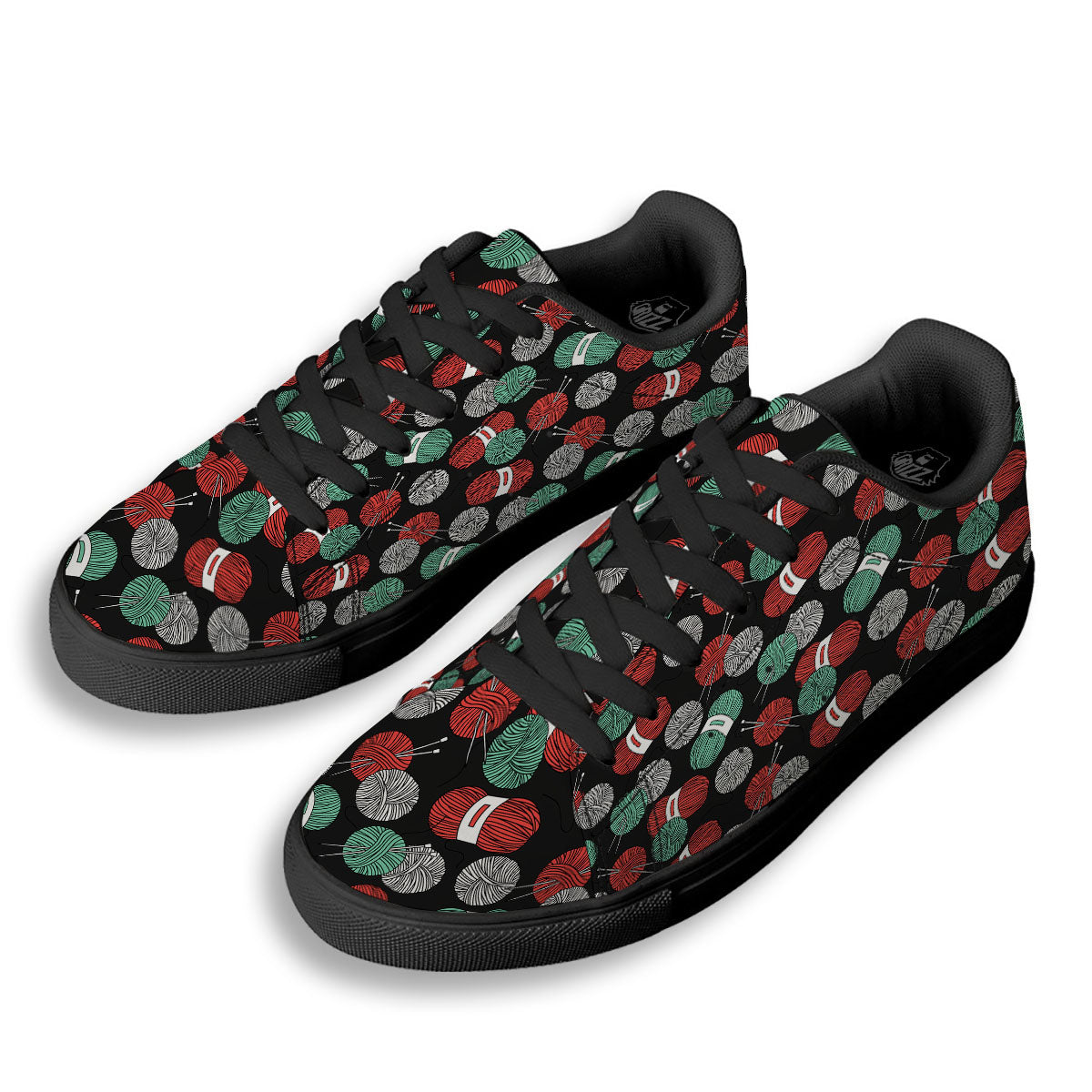 Yarn Knitting Print Pattern Black Low Top Sneakers-grizzshop