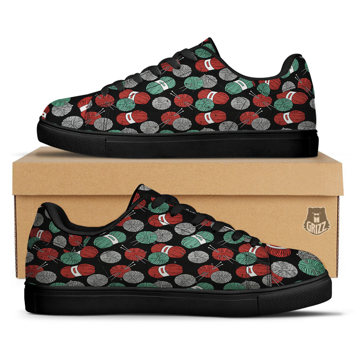 Yarn Knitting Print Pattern Black Low Top Sneakers-grizzshop