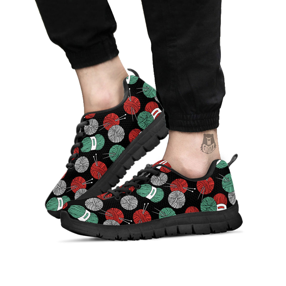 Yarn Knitting Print Pattern Black Sneaker-grizzshop