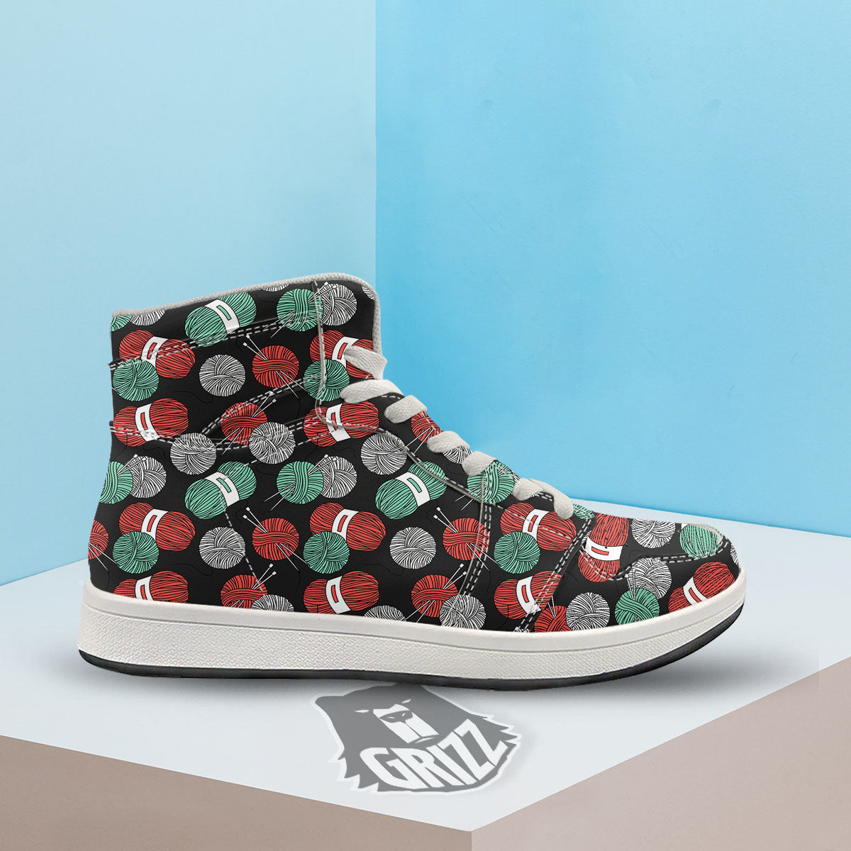 Yarn Knitting Print Pattern High Top Sneakers-grizzshop