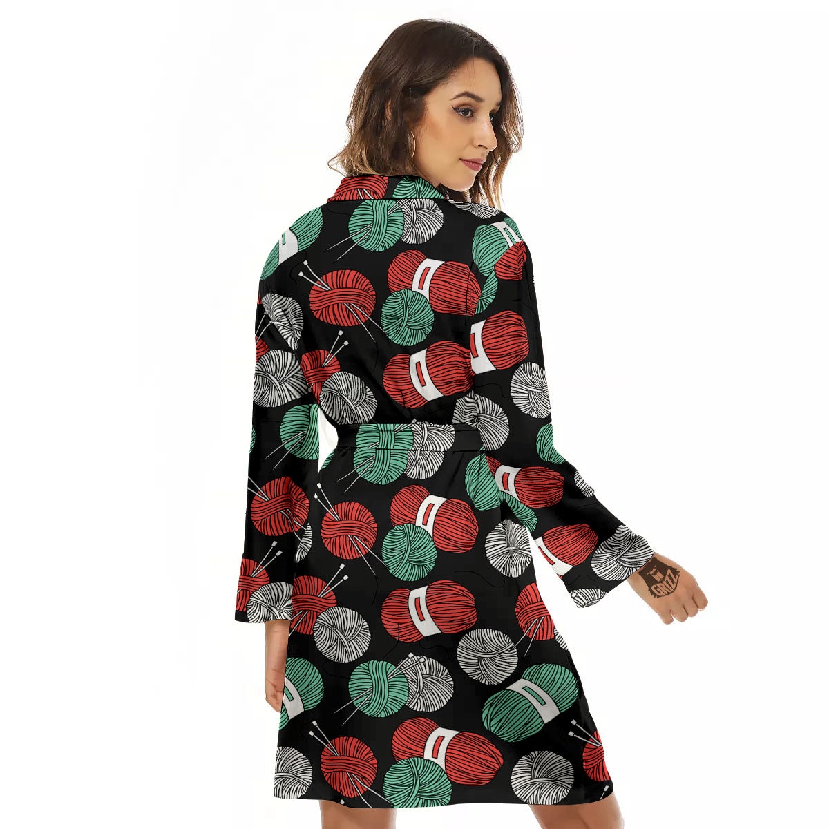 Yarn Knitting Print Pattern Women's Robe-grizzshop