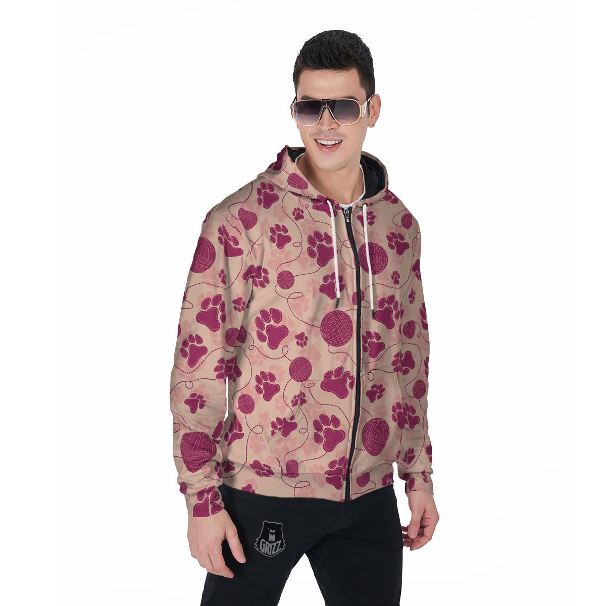 Yarn Paw Print Men's Zip Up Hoodie-grizzshop