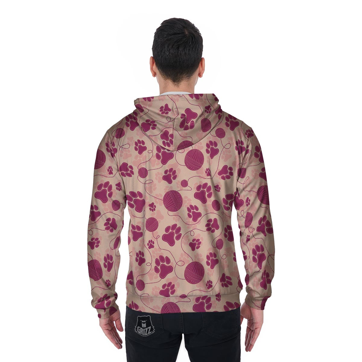 Yarn Paw Print Men's Zip Up Hoodie-grizzshop