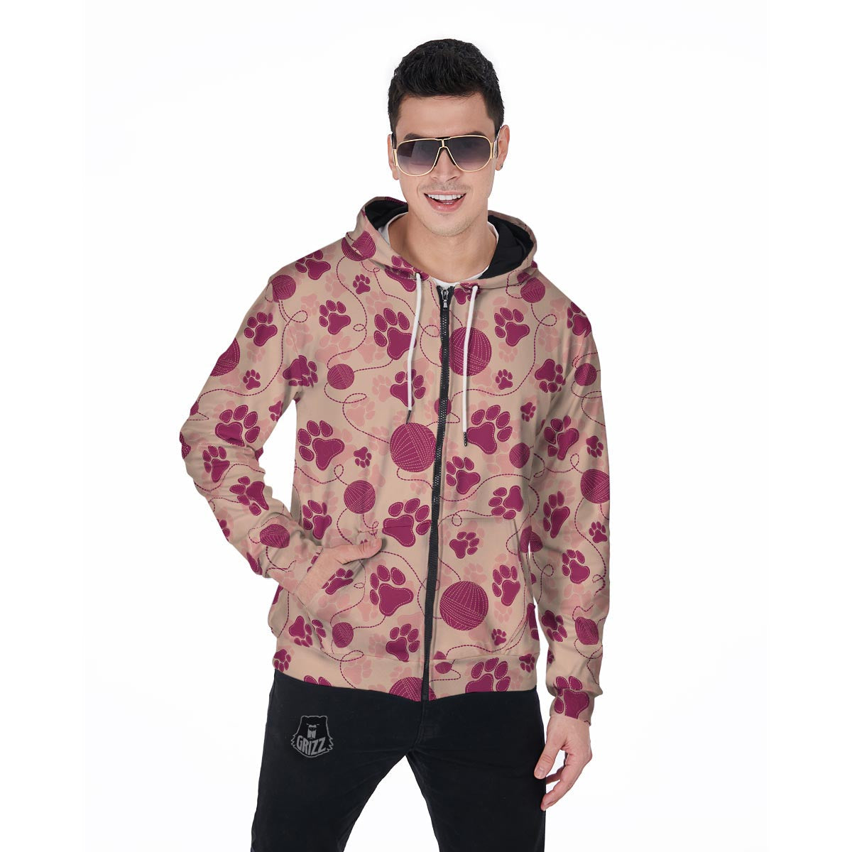 Yarn Paw Print Men's Zip Up Hoodie-grizzshop