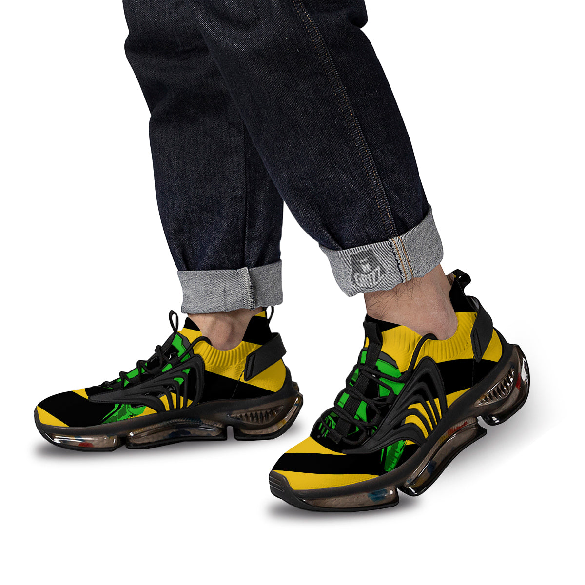 Yellow And Green Helmet Print Black Gym Shoes-grizzshop
