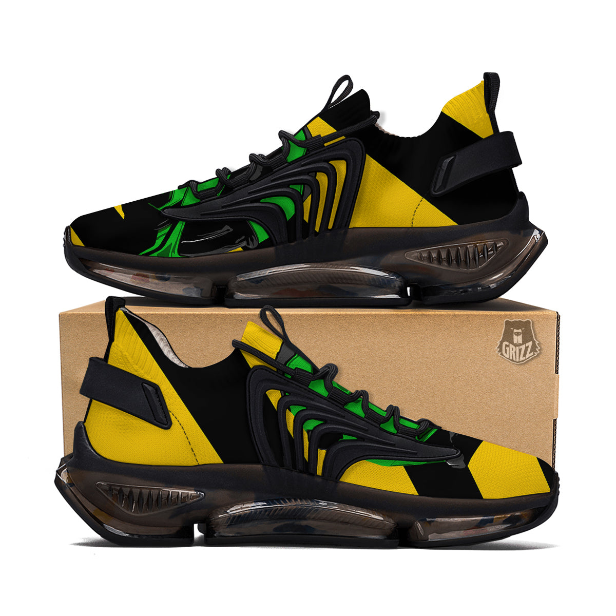 Yellow And Green Helmet Print Black Gym Shoes-grizzshop