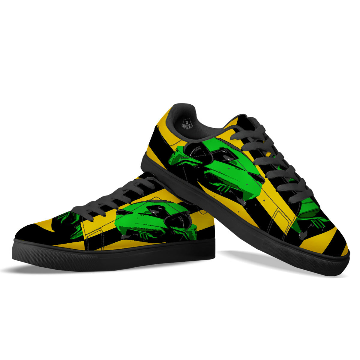 Yellow And Green Helmet Print Black Low Top Sneakers-grizzshop