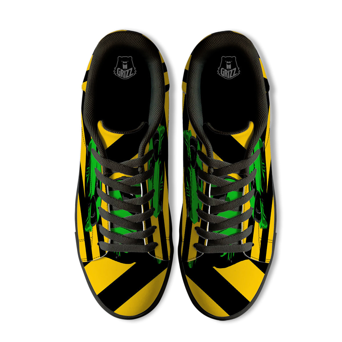 Yellow And Green Helmet Print Black Low Top Sneakers-grizzshop