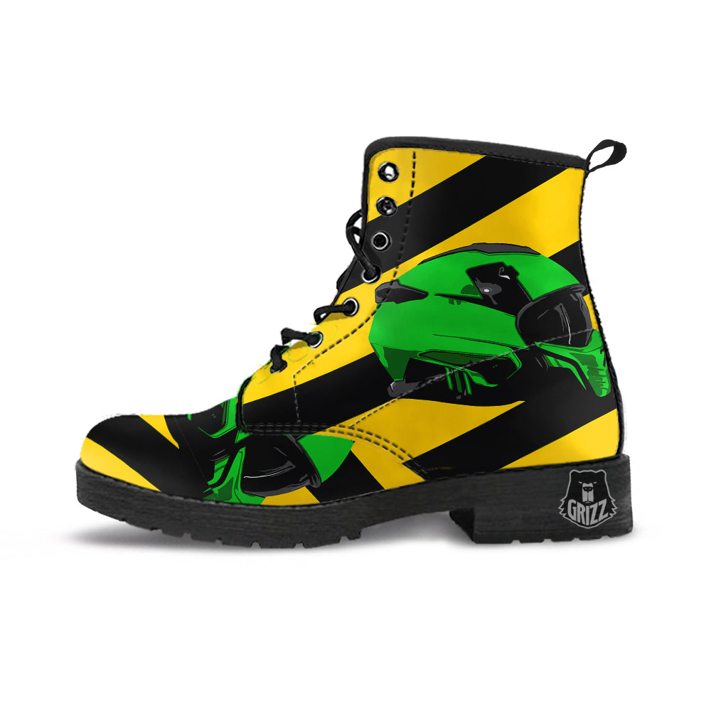 Yellow And Green Helmet Print Leather Boots-grizzshop