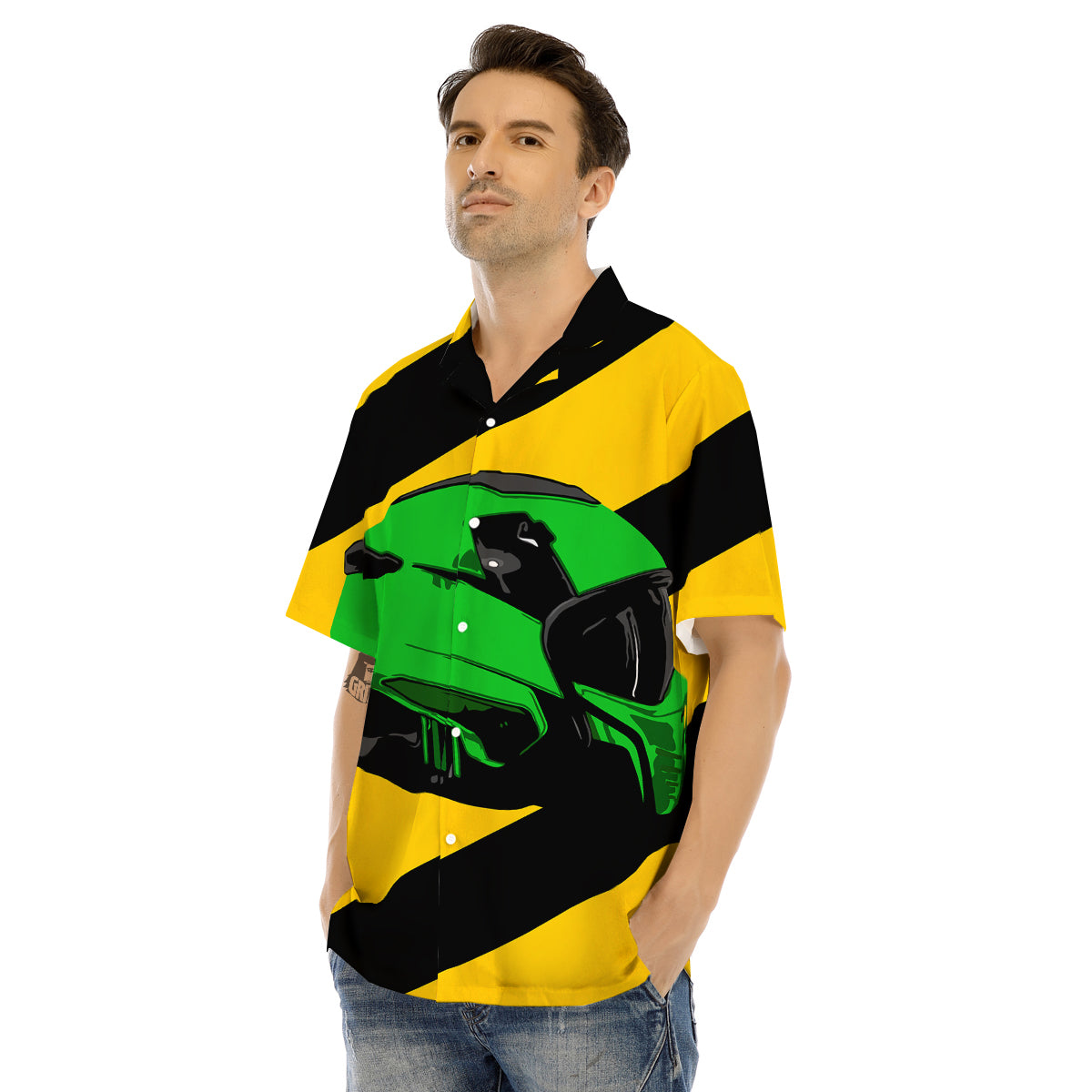 Yellow And Green Helmet Print Men's Hawaiian Shirt-grizzshop