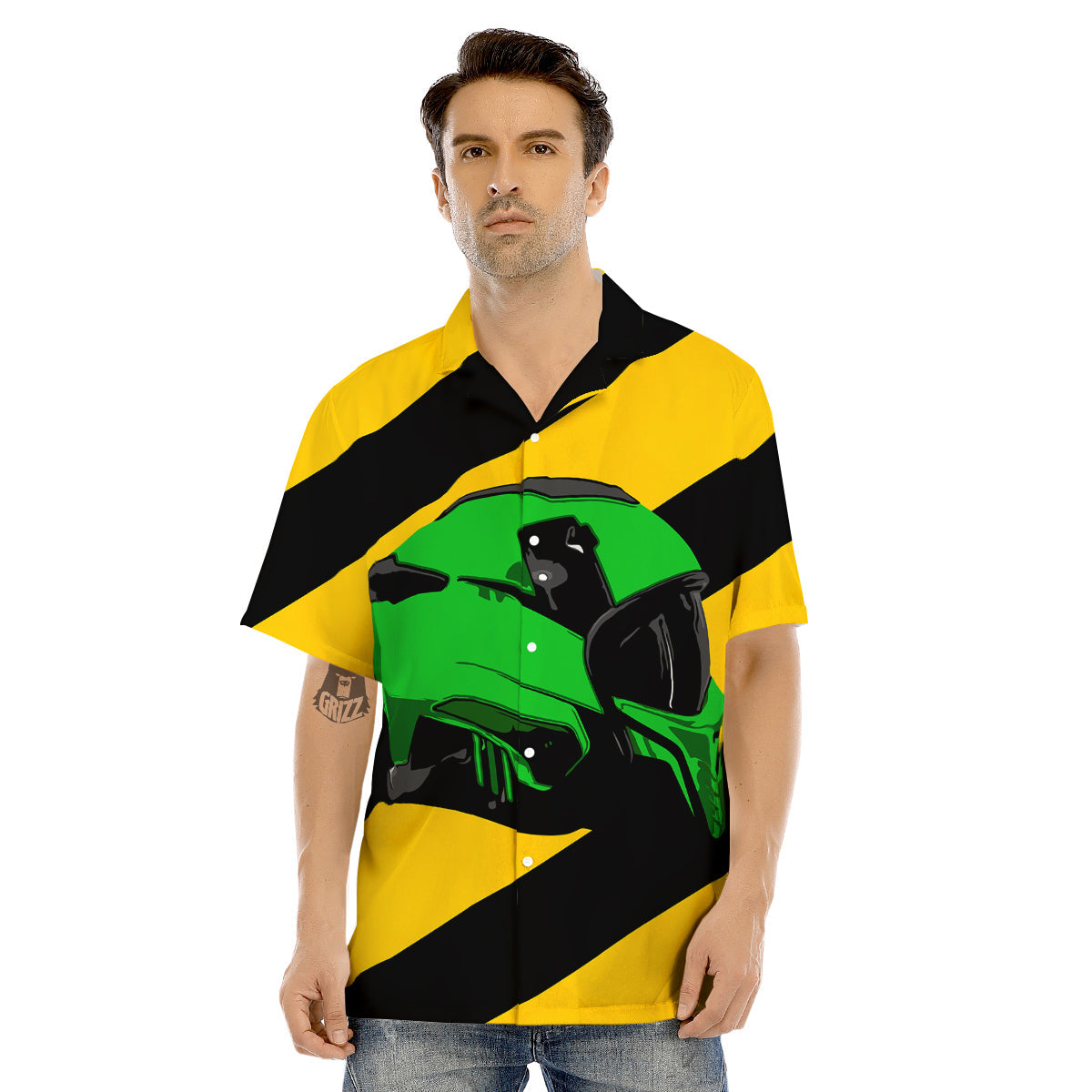 Yellow And Green Helmet Print Men's Hawaiian Shirt-grizzshop