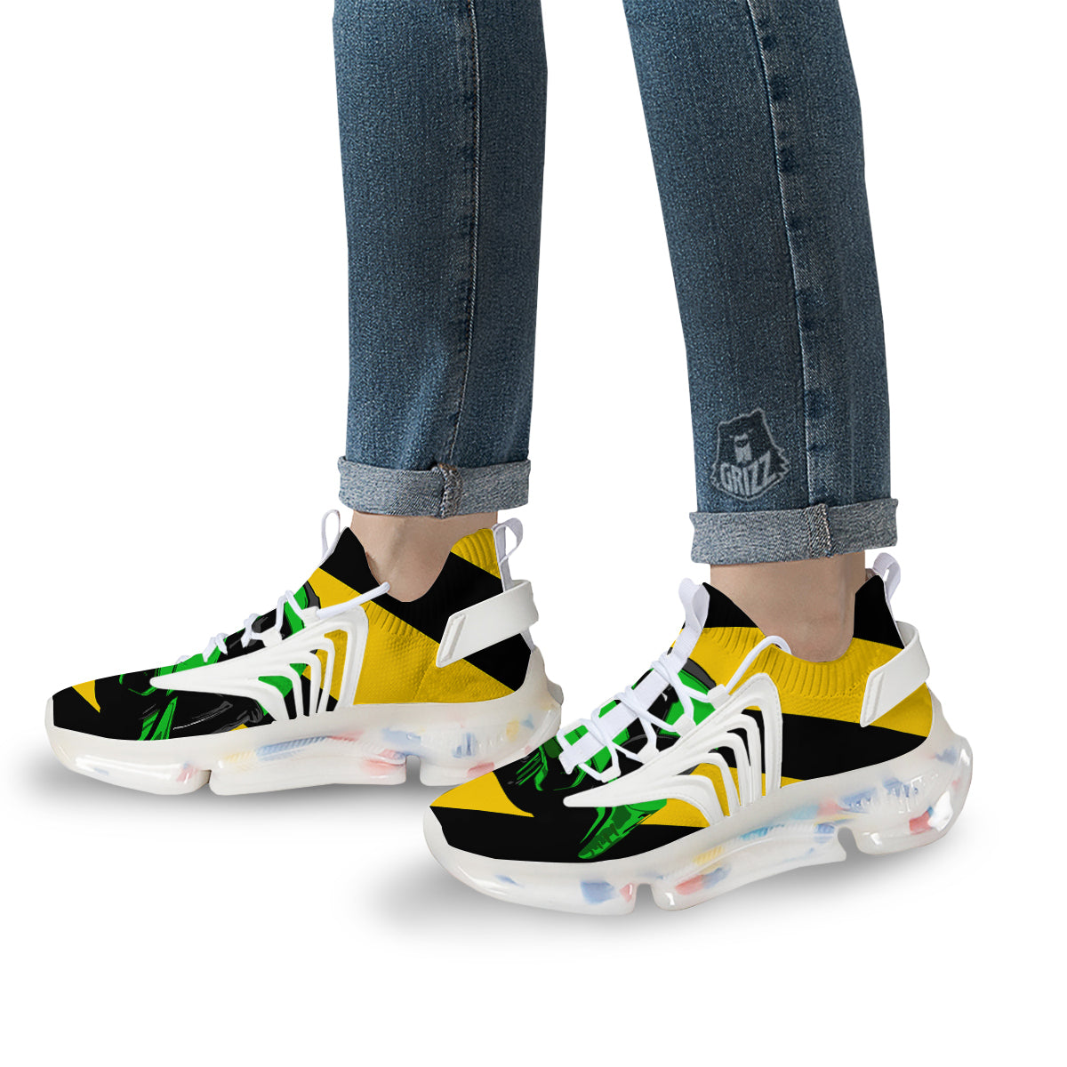Yellow And Green Helmet Print White Gym Shoes-grizzshop