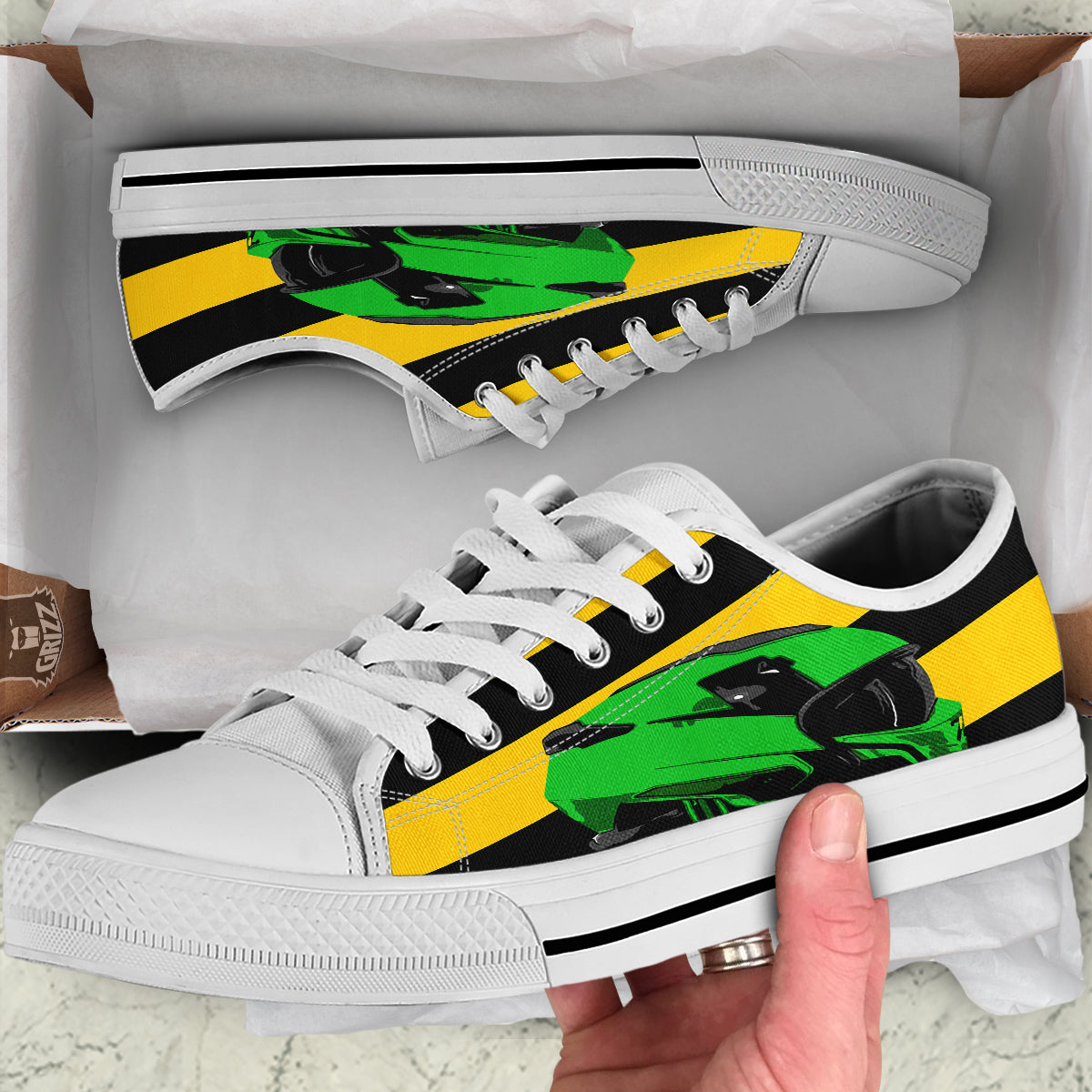 Yellow And Green Helmet Print White Low Top Shoes-grizzshop