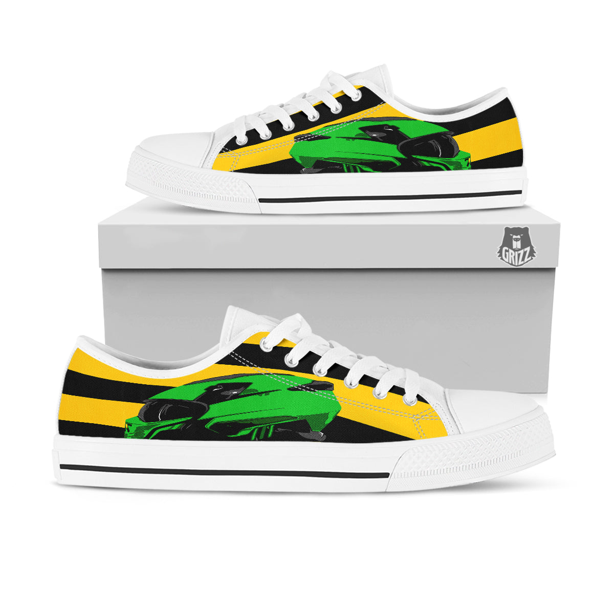 Yellow And Green Helmet Print White Low Top Shoes-grizzshop