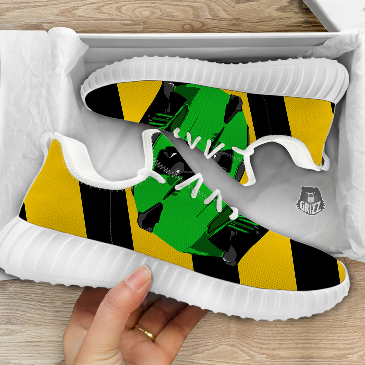 Yellow And Green Helmet Print White Walking Shoes-grizzshop