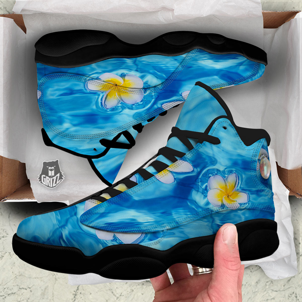 Yellow And White Plumeria In Water Print Black Basketball Shoes-grizzshop