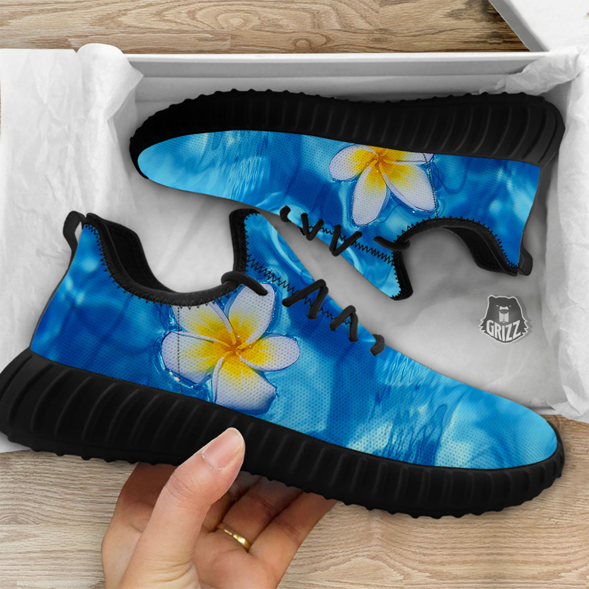Yellow And White Plumeria In Water Print Black Walking Shoes-grizzshop