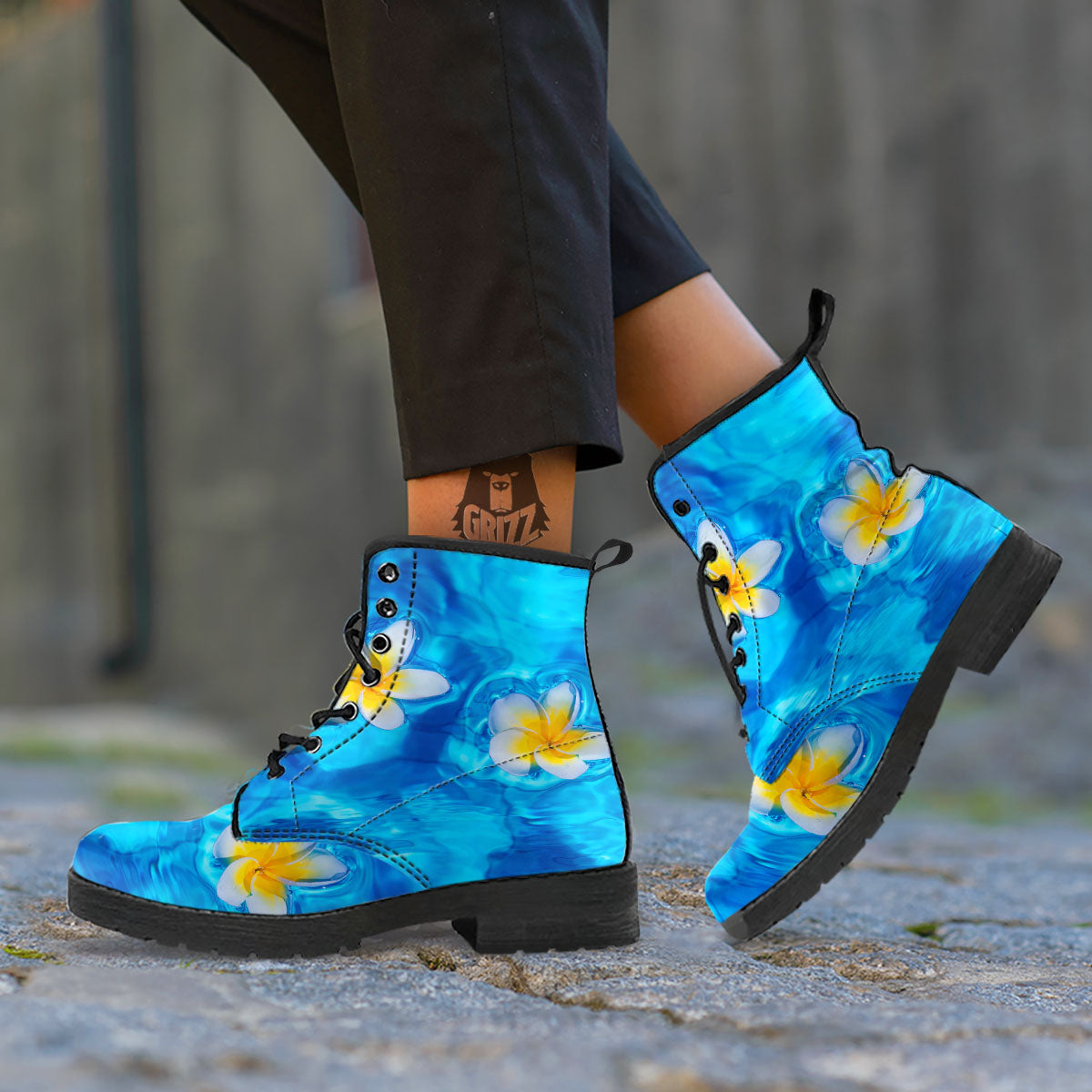 Yellow And White Plumeria In Water Print Leather Boots-grizzshop