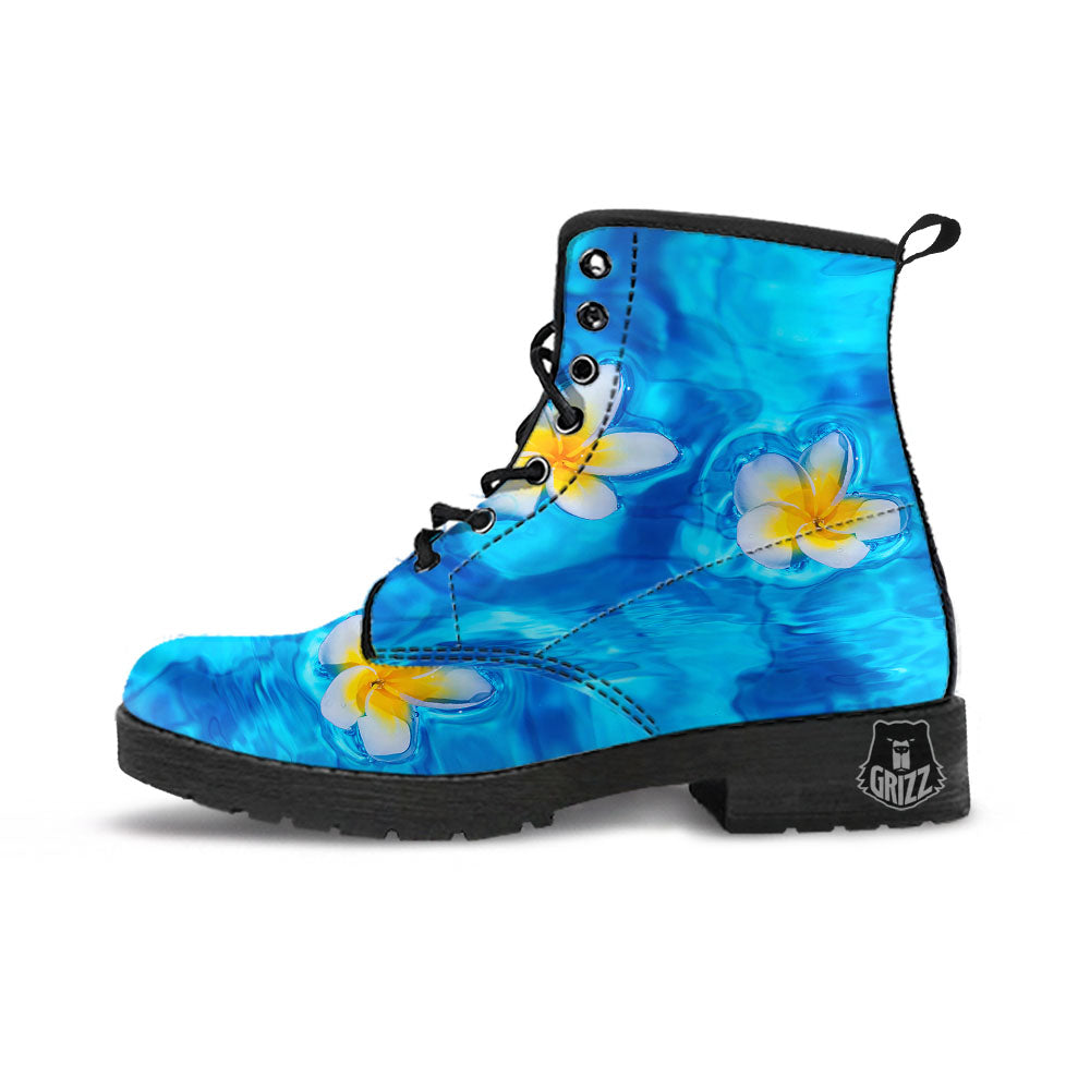Yellow And White Plumeria In Water Print Leather Boots-grizzshop