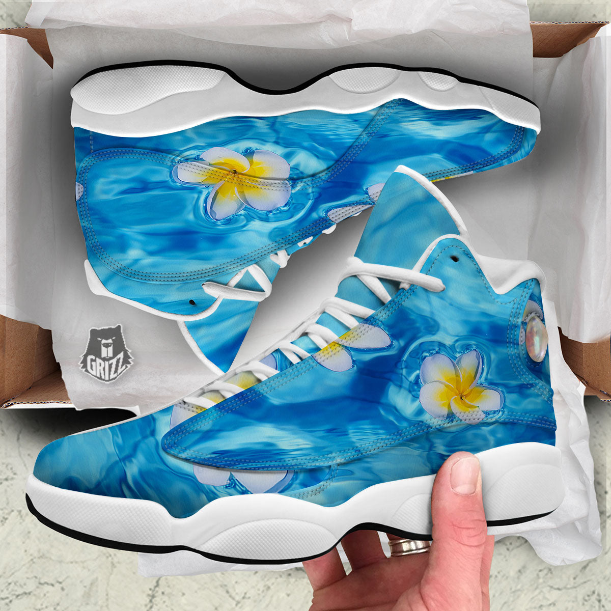 Yellow And White Plumeria In Water Print White Basketball Shoes-grizzshop