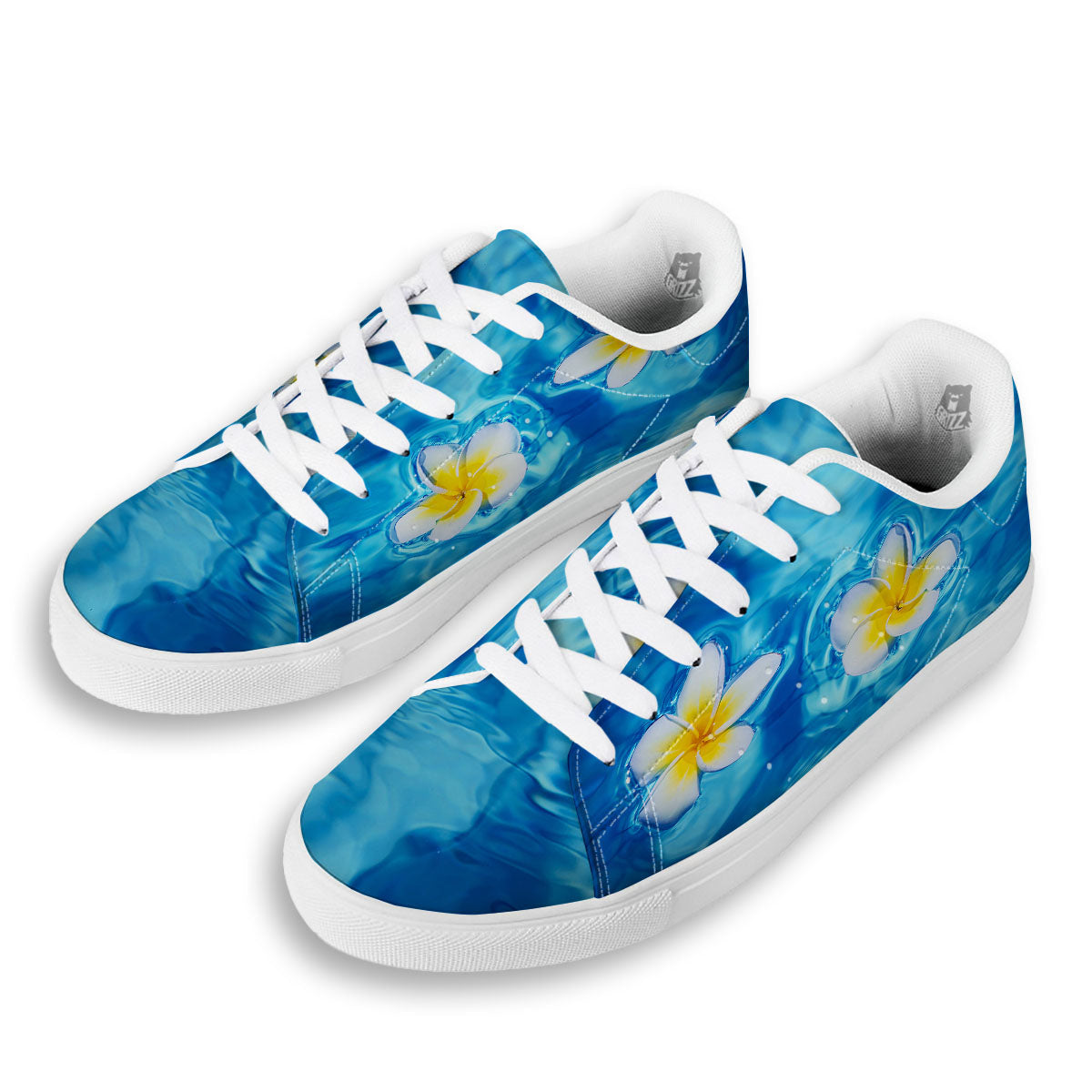 Yellow And White Plumeria In Water Print White Low Top Sneakers-grizzshop
