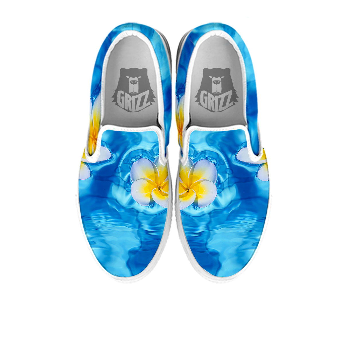 Yellow And White Plumeria In Water Print White Slip On Shoes-grizzshop
