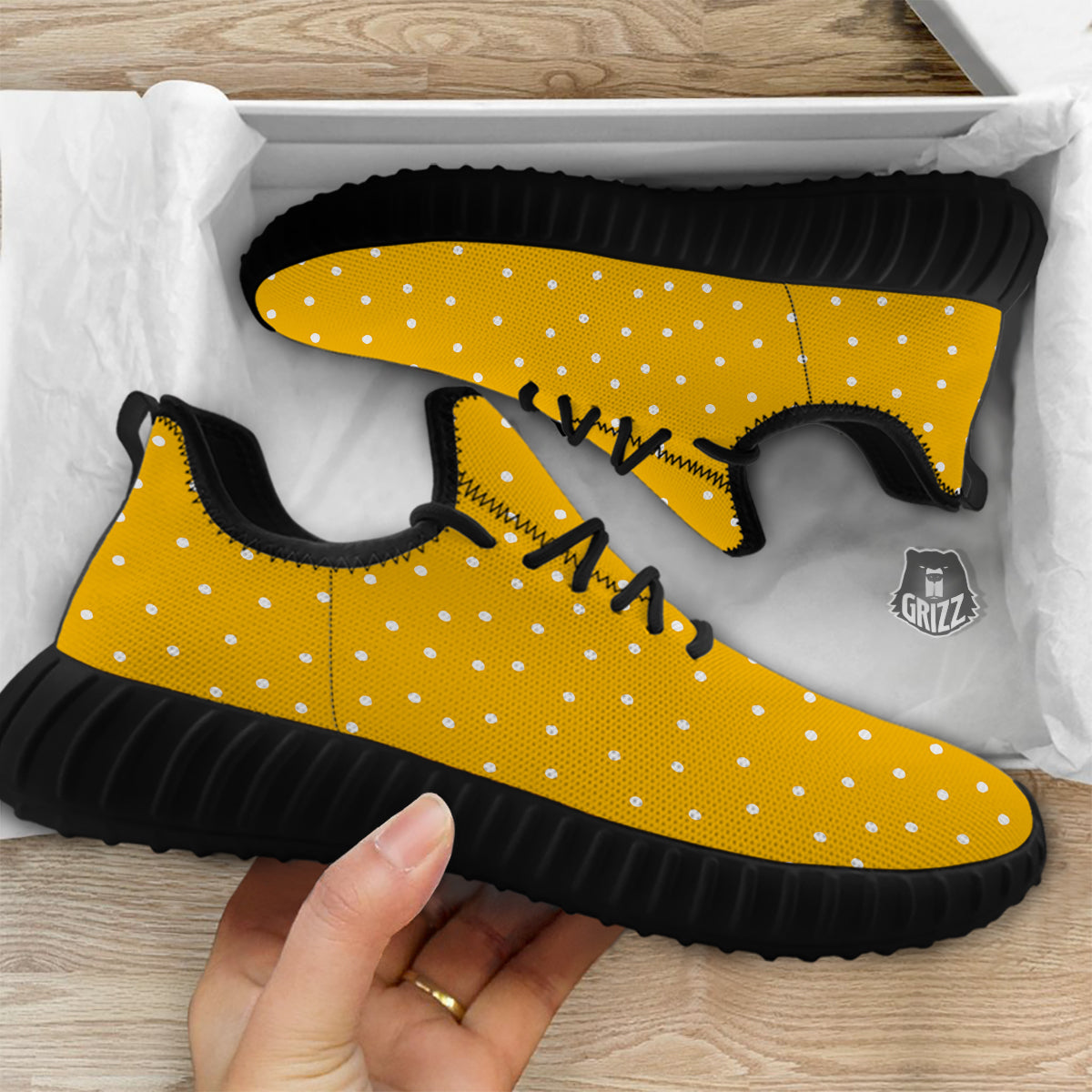 Yellow And White Polka Dot Print Pattern Black Walking Shoes-grizzshop