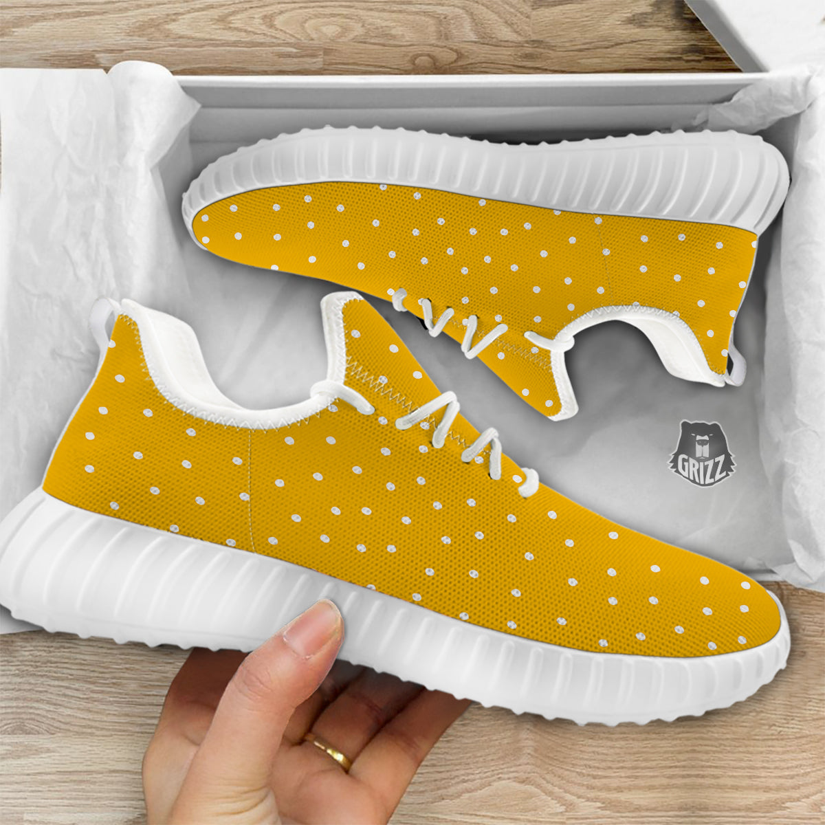 Yellow And White Polka Dot Print Pattern White Walking Shoes-grizzshop