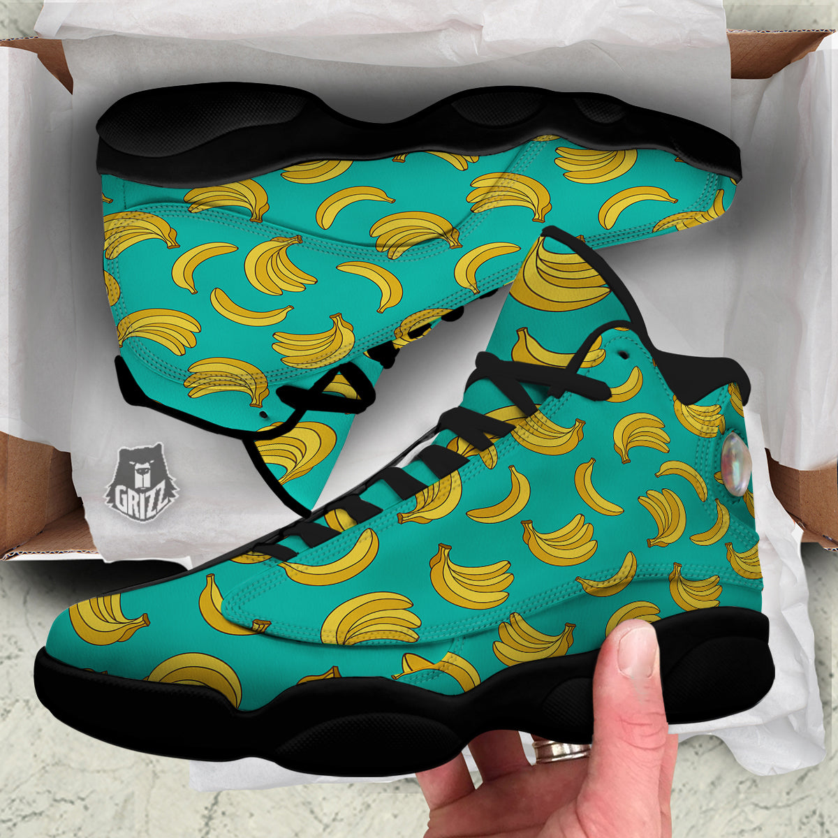 Yellow Banana Print Pattern Black Basketball Shoes-grizzshop