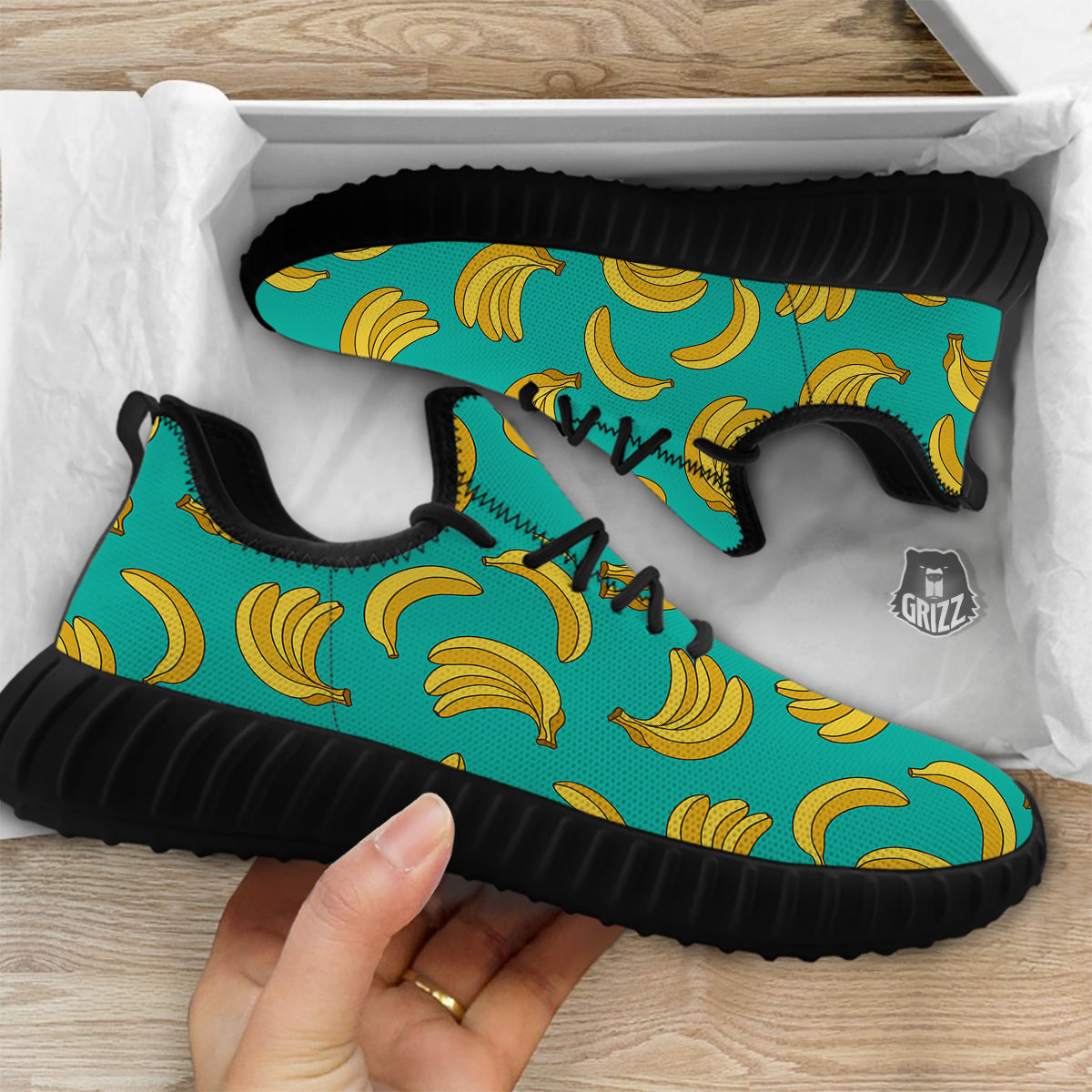 Yellow Banana Print Pattern Black Walking Shoes-grizzshop
