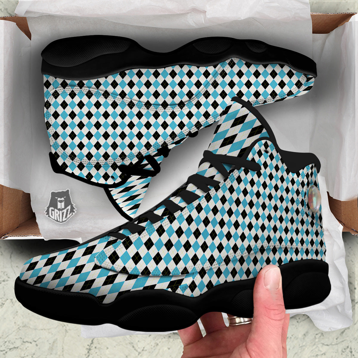 Yellow Black And Blue Argyle Print Black Basketball Shoes-grizzshop