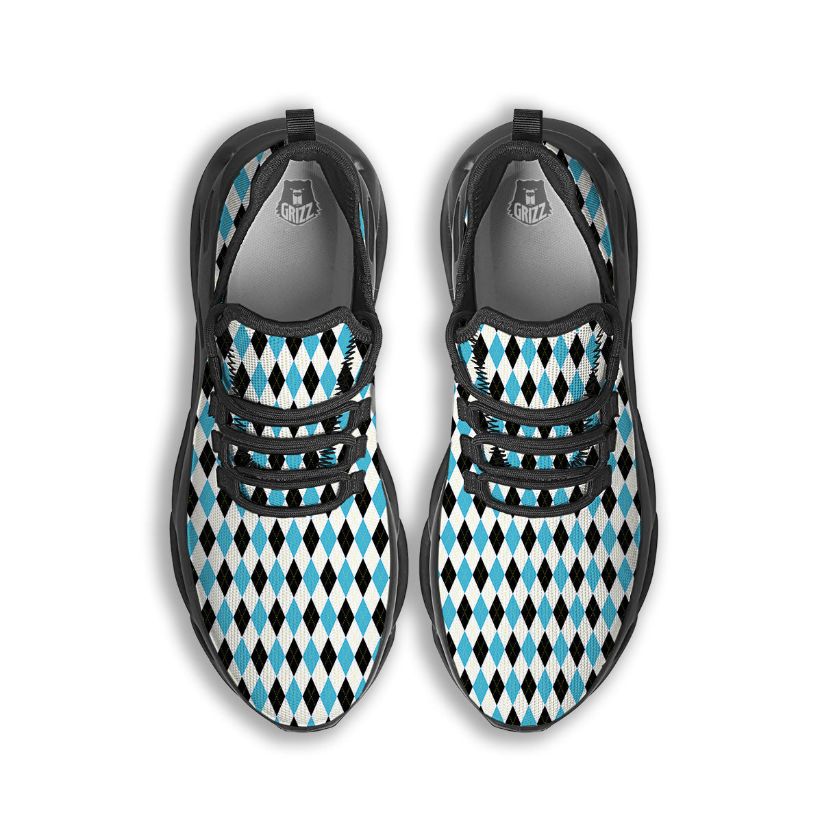 Yellow Black And Blue Argyle Print Black Running Shoes-grizzshop